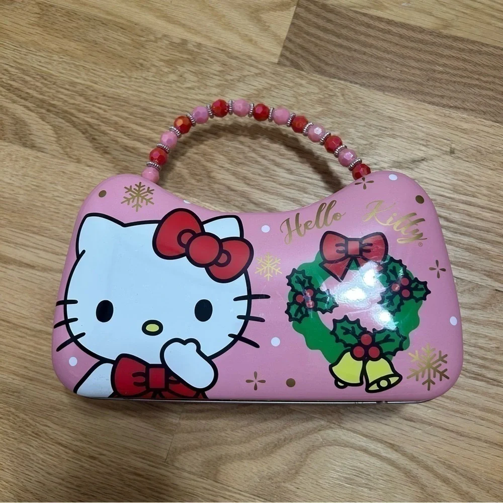 Hello Kitty Christmas Tin Purse Strap Beads NEW Gift Storage Pink Metal